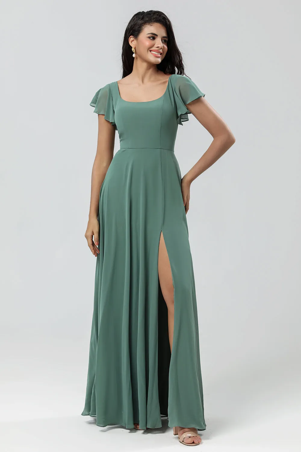 A-Line Green Long Bridesmaid Dress with Ruffles sold by Zapaka product image thumbnail 5