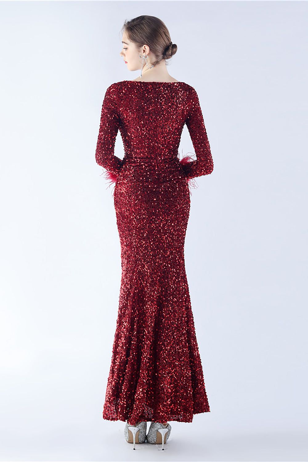 Black Mermaid Sequin Feather Long-Sleeve Evening Dress With Slit sold by Zapaka product image thumbnail 5