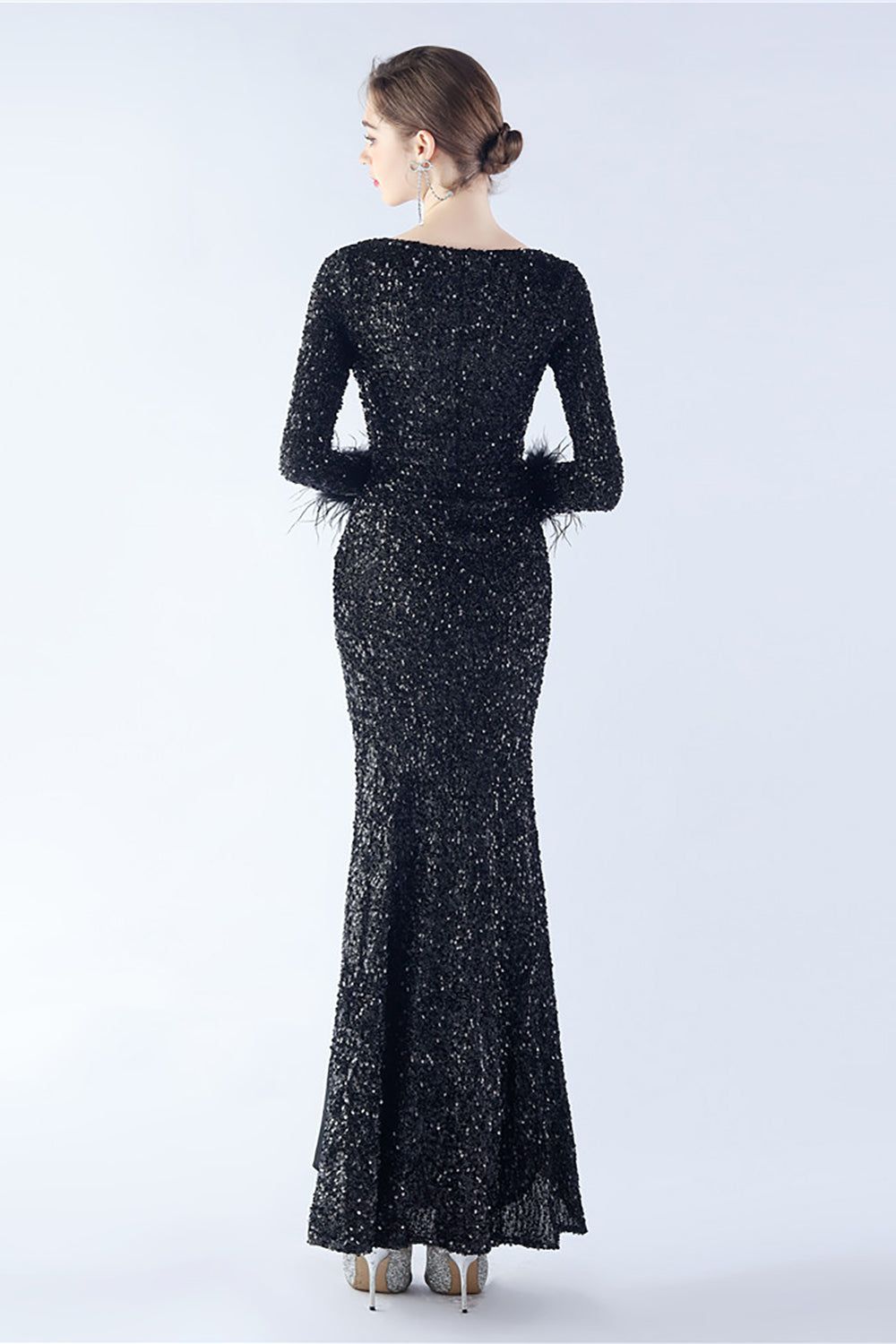 Black Mermaid Sequin Feather Long-Sleeve Evening Dress With Slit sold by Zapaka product image thumbnail 2