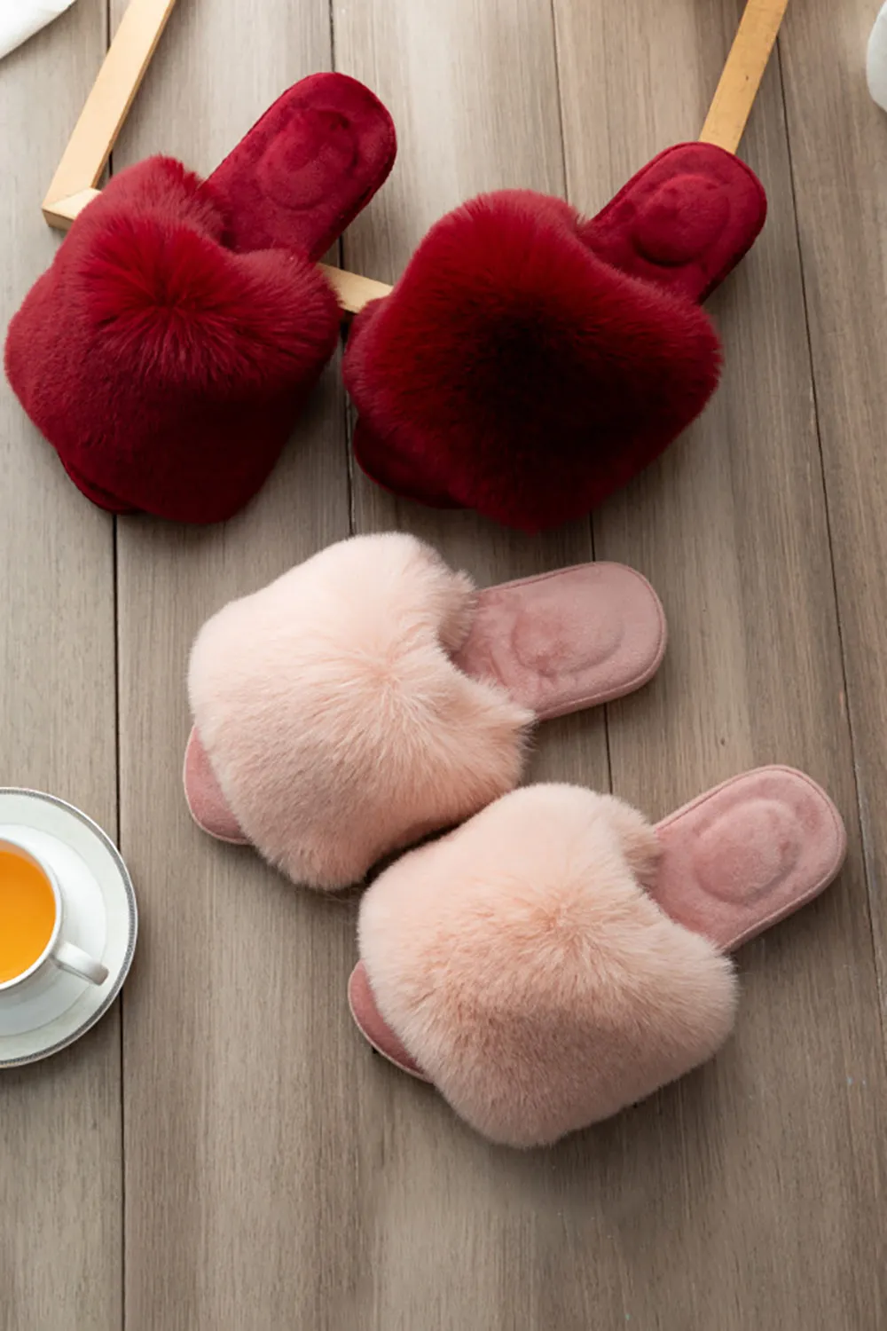 Red Open Toe Fur Slide Slippers sold by Zapaka product image thumbnail 2