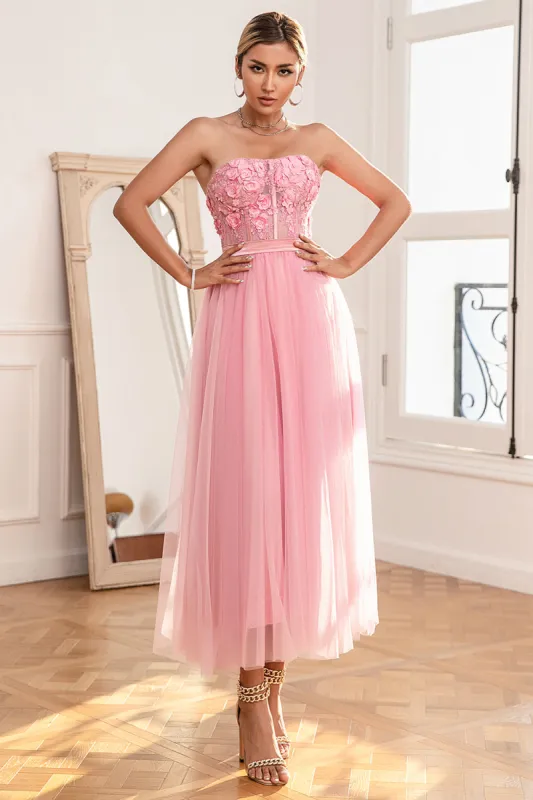 Gorgeous A Line Strapless Pink Prom Dress with Appliques sold by Zapaka