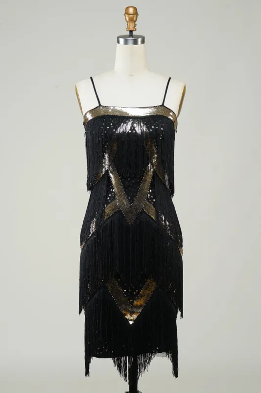 Black Spaghetti Straps Sequins 1920s Dress with Fringes sold by Zapaka