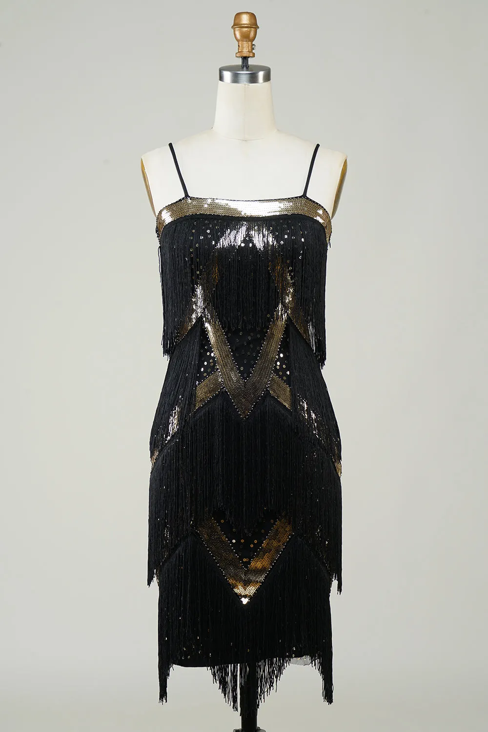 Black Spaghetti Straps Sequins 1920s Dress with Fringes sold by Zapaka