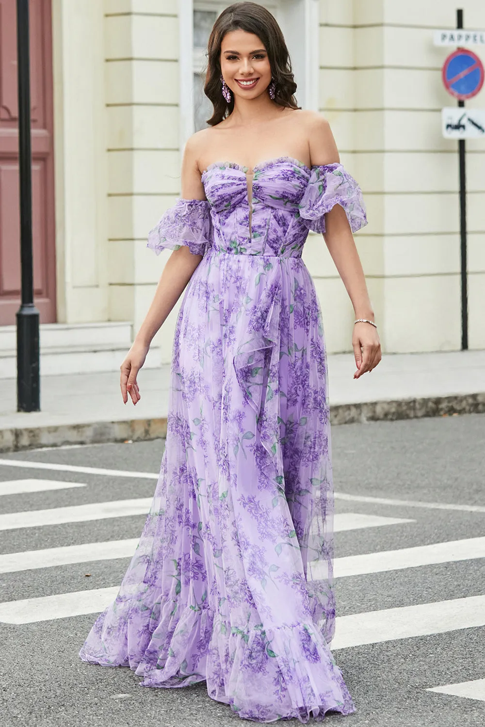 Lavender Printed A line Prom Dress with Removable Sleeves sold by Zapaka product image thumbnail 4