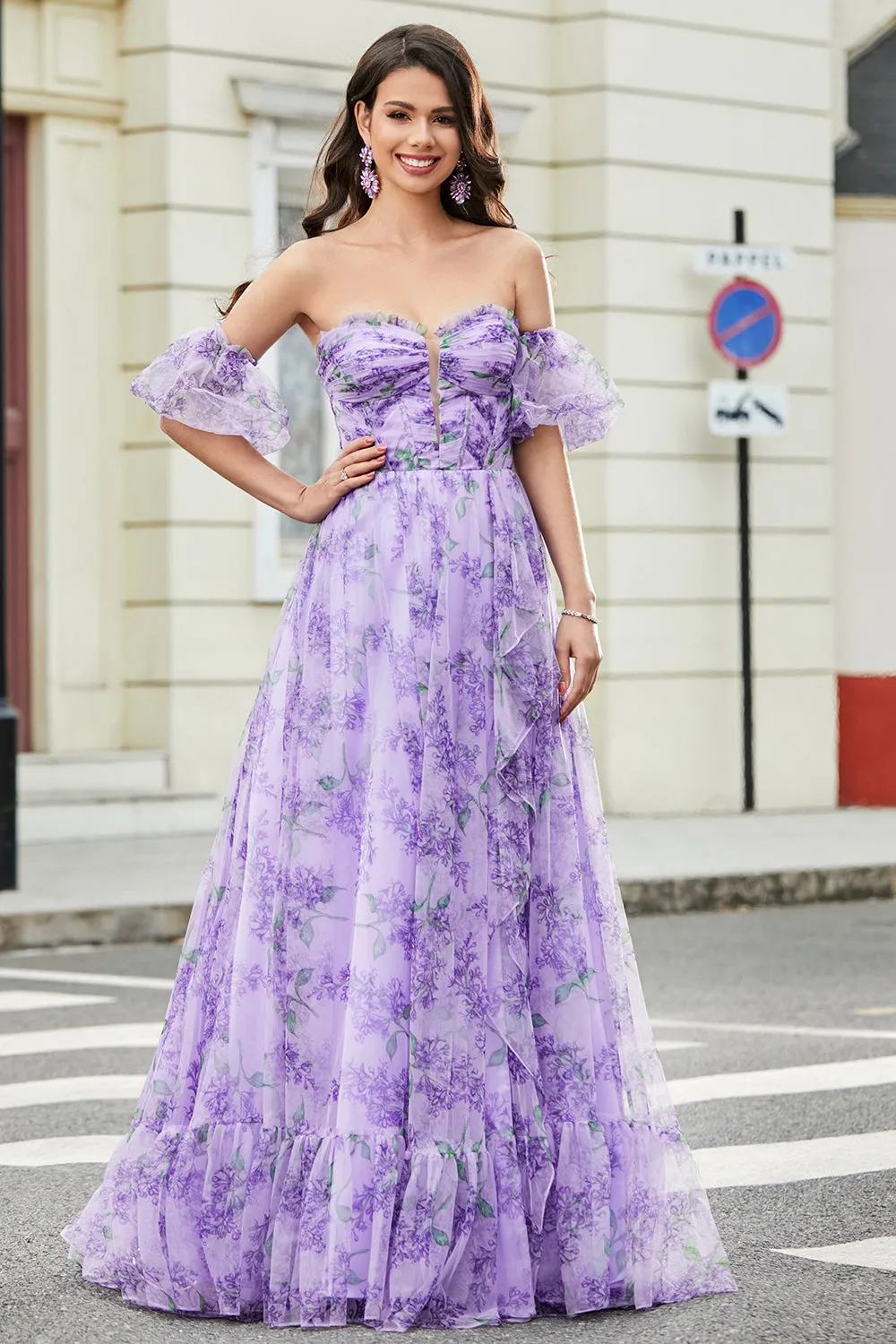 Lavender Printed A line Prom Dress with Removable Sleeves sold by Zapaka