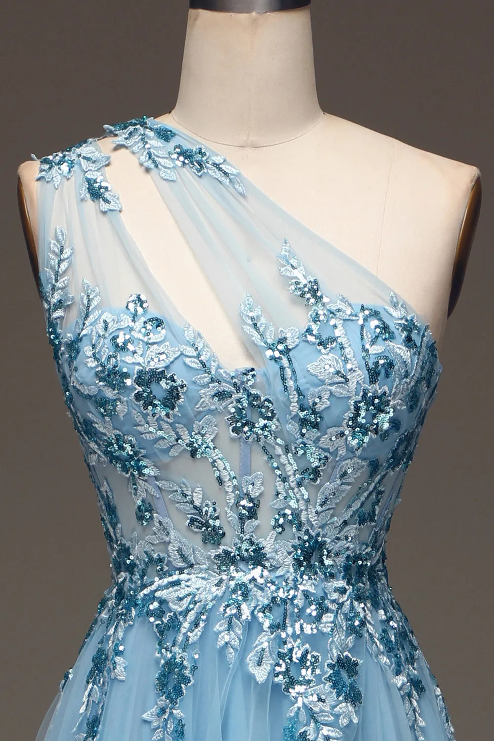 Light Blue A-Line One Shoulder Sequin Prom Dress with Appliques sold by Zapaka product image thumbnail 4