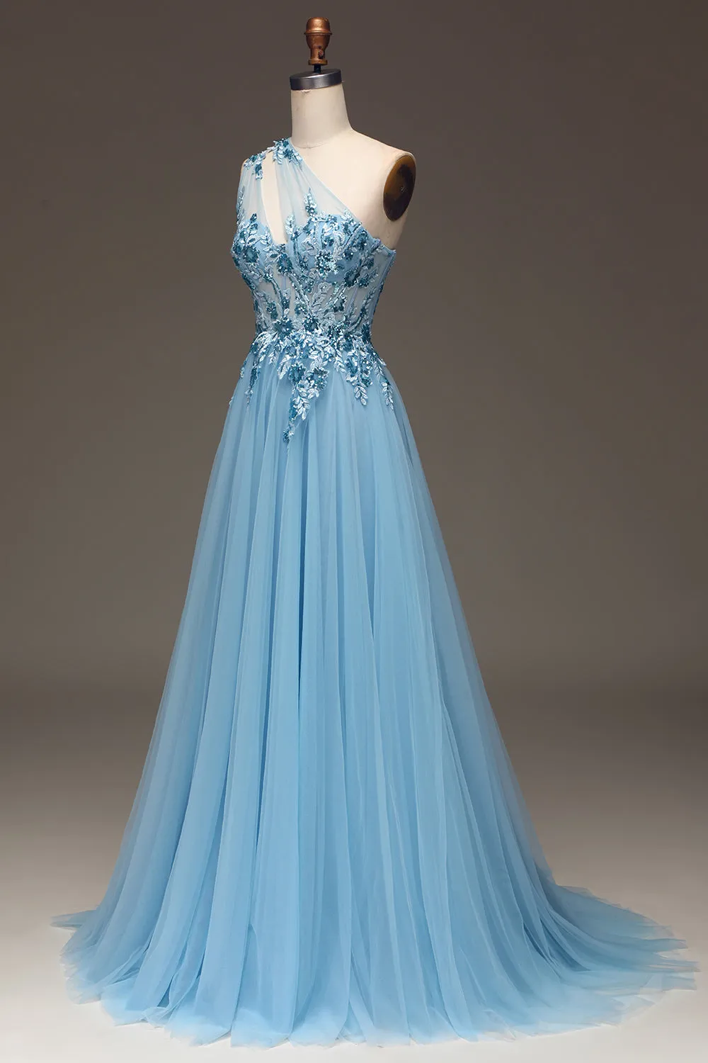 Light Blue A-Line One Shoulder Sequin Prom Dress with Appliques sold by Zapaka product image thumbnail 3