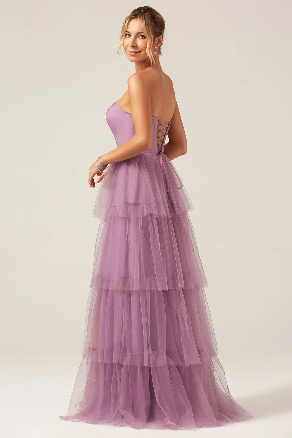 Detachable Straps A Line Purple Tiered Long Bridesmaid Dress sold by Zapaka product image thumbnail 2
