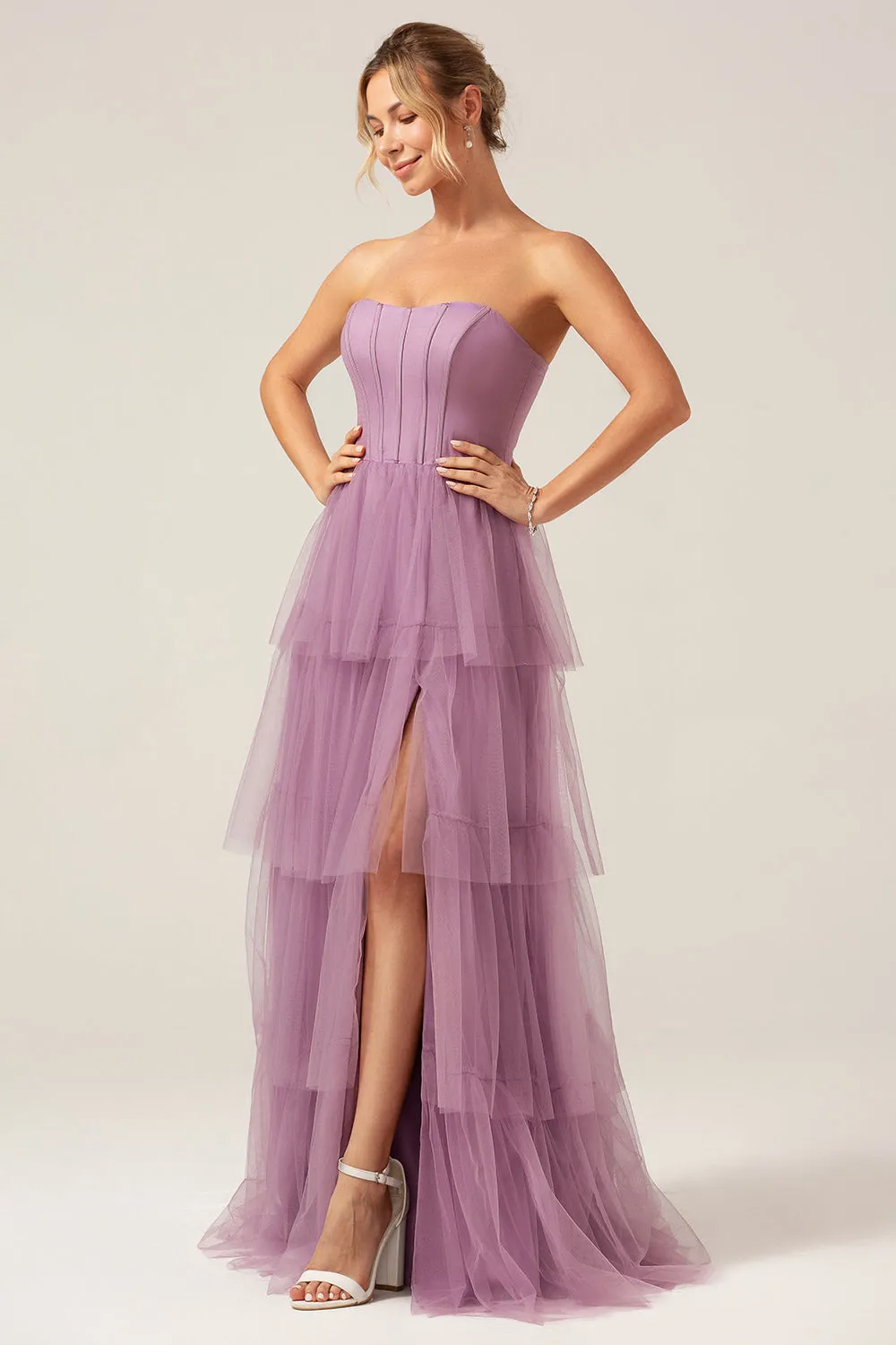 Detachable Straps A Line Purple Tiered Long Bridesmaid Dress sold by Zapaka product image thumbnail 3