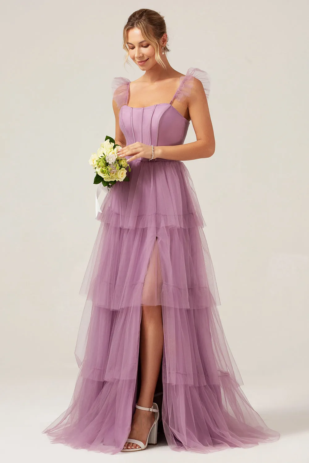 Detachable Straps A Line Purple Tiered Long Bridesmaid Dress sold by Zapaka