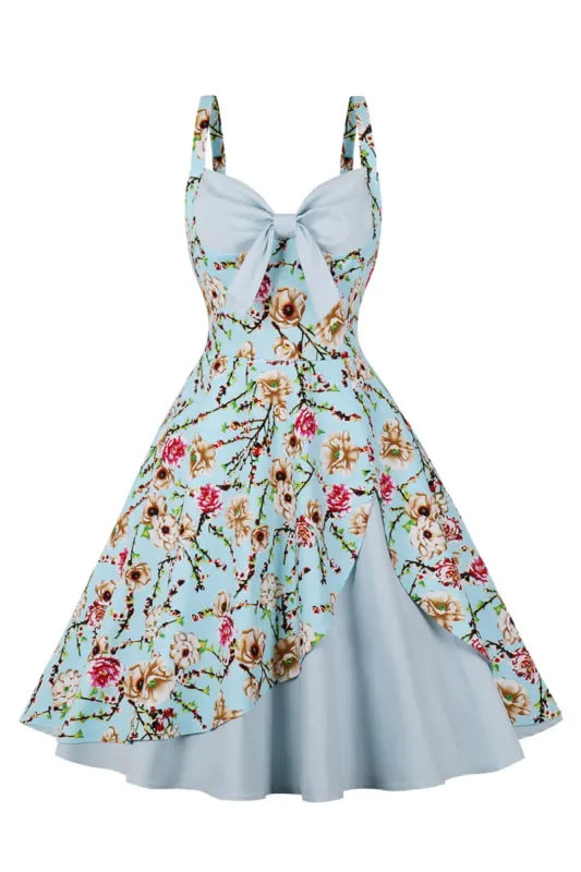 Blue Flower Spaghetti Straps 1950s Dress With Bow made by Zapaka