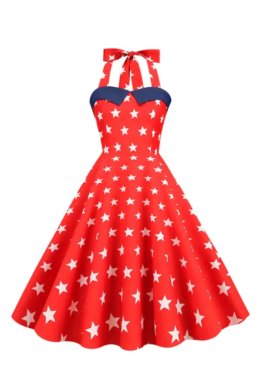 Red Stars Printed Halter 1950s Dress sold by Zapaka
