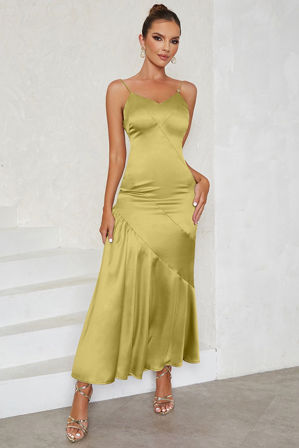 Green Satin Spaghetti Straps Sleeveless Cocktail Dress sold by Zapaka