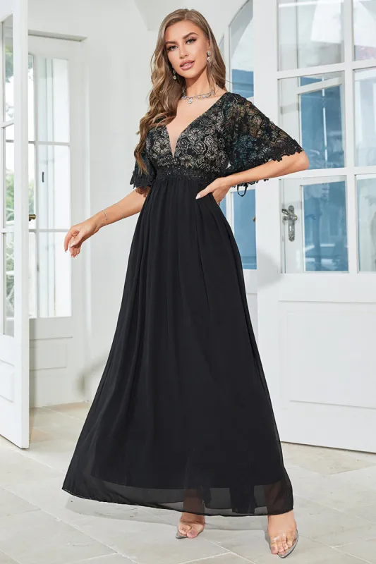 Black A-line Deep V-neck Short Sleeves Mother of Bride Dress sold by Zapaka