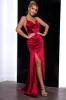 Dark Green Spaghetti Straps Mermaid Satin Prom Dress with Slit sold by Zapaka