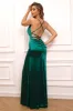Dark Green Spaghetti Straps Mermaid Satin Prom Dress with Slit sold by Zapaka