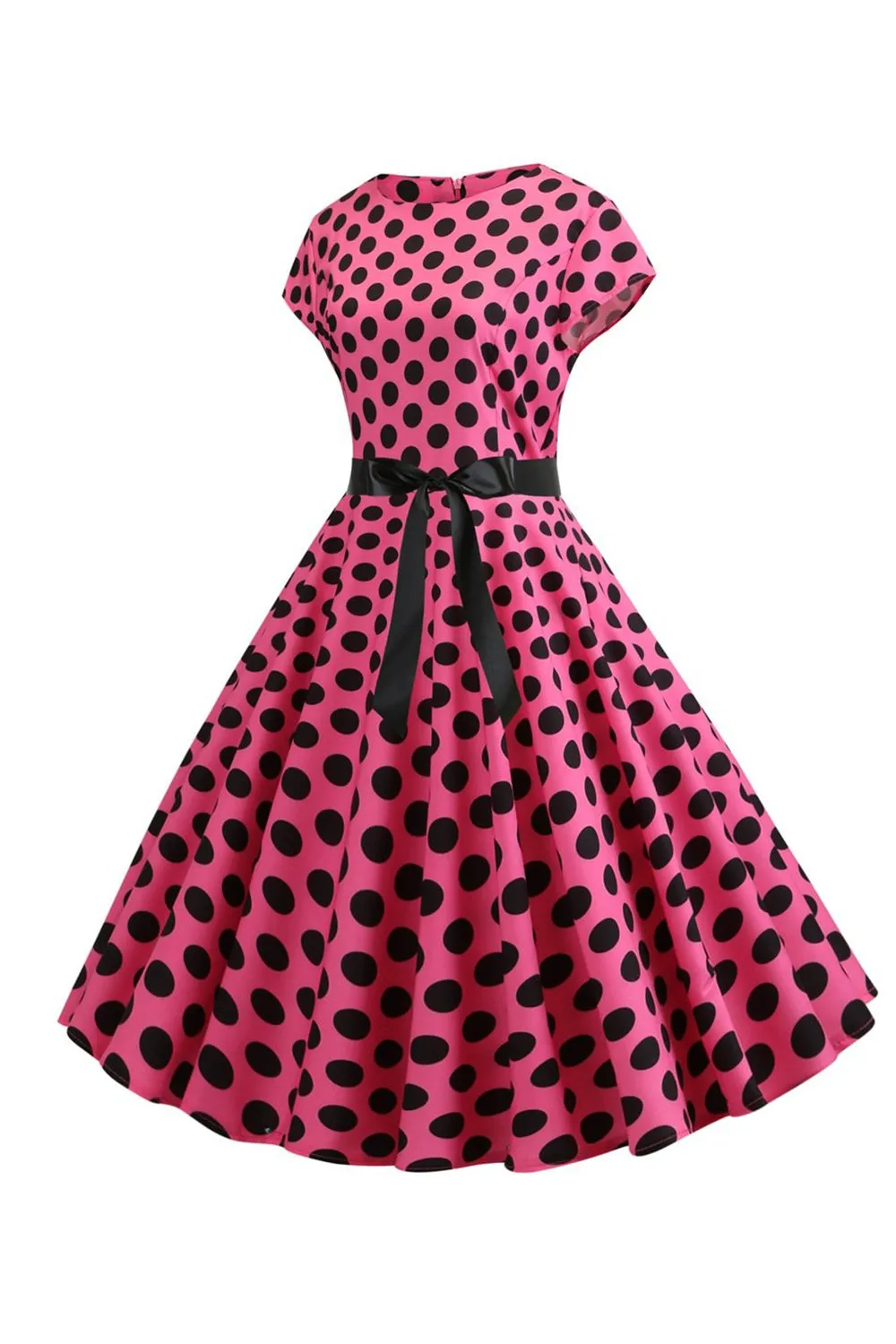 Pink Black Polka Dots Cap Sleeves 1950s Dress sold by Zapaka product image thumbnail 3