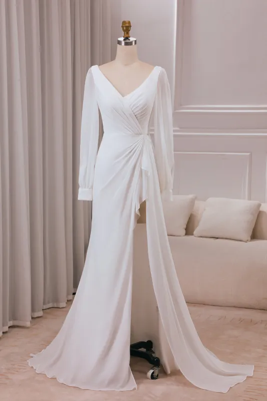 Ivory V-neck Long Sleeves A-line Chiffon Bridal Dress sold by Zapaka