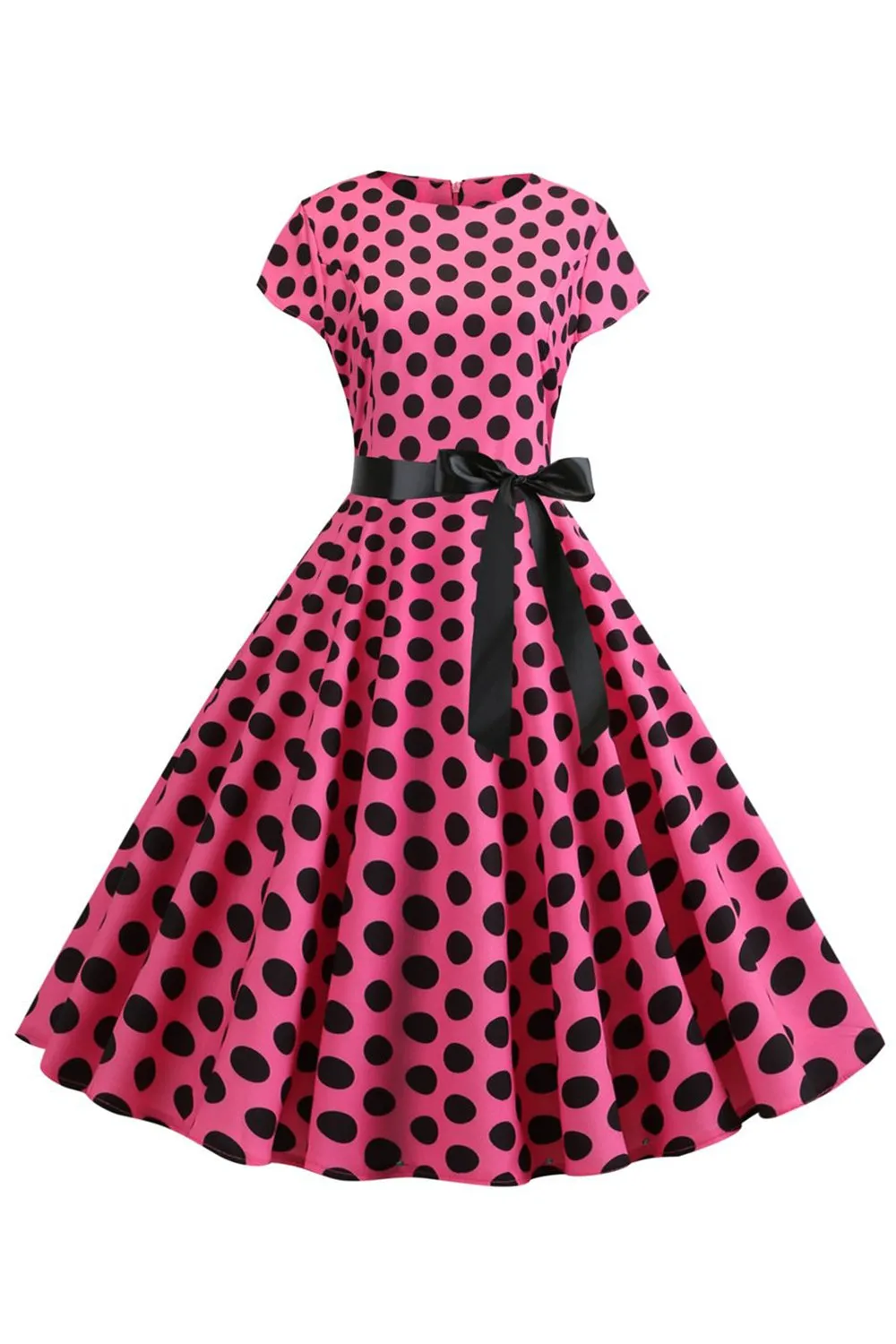 Pink Black Polka Dots Cap Sleeves 1950s Dress sold by Zapaka
