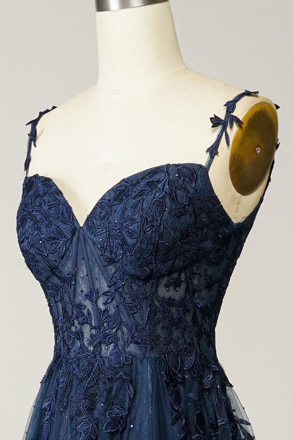 A Line Spaghetti Straps Navy Prom Dress with Appliques sold by Zapaka product image thumbnail 5
