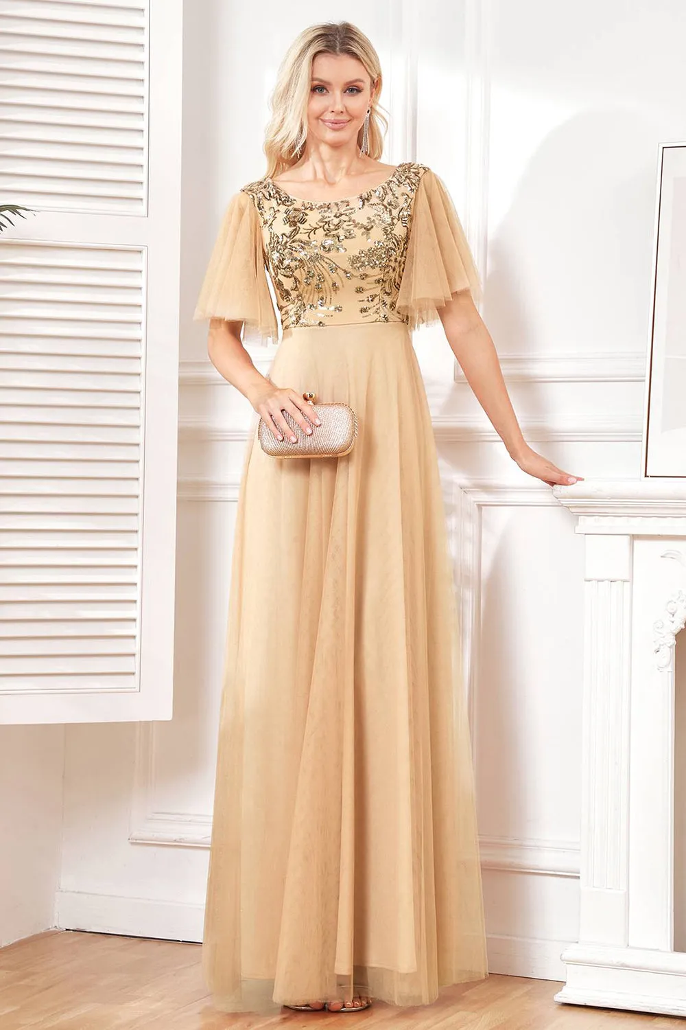 Bat Sleeves A Line Tulle Champagne Formal Dress with Sequins sold by Zapaka product image thumbnail 3