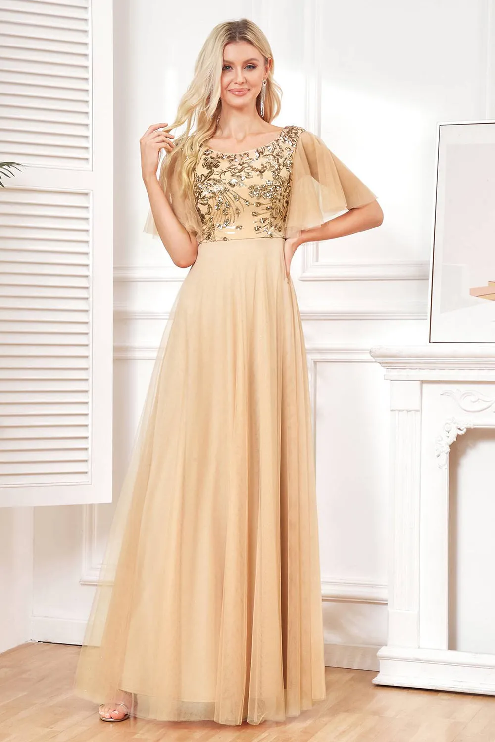 Bat Sleeves A Line Tulle Champagne Formal Dress with Sequins sold by Zapaka product image thumbnail 4
