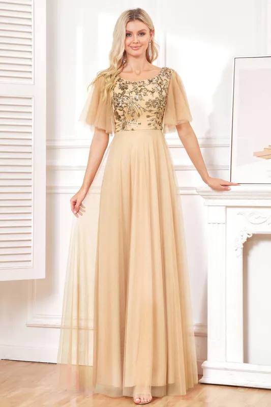 Bat Sleeves A Line Tulle Champagne Formal Dress with Sequins made by Zapaka