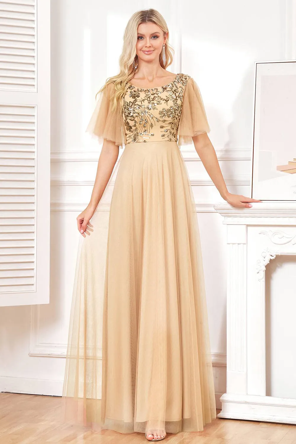 Bat Sleeves A Line Tulle Champagne Formal Dress with Sequins sold by Zapaka
