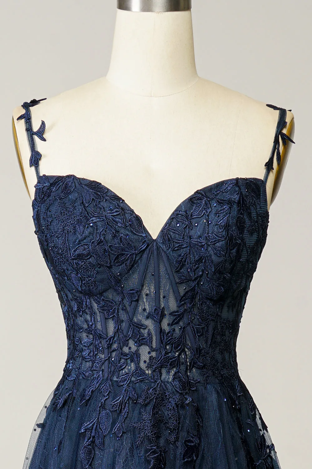 A Line Spaghetti Straps Navy Prom Dress with Appliques sold by Zapaka product image thumbnail 4