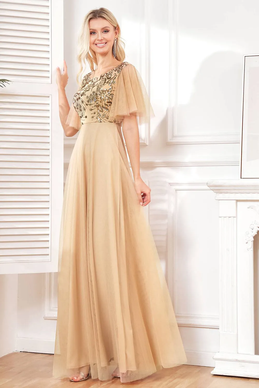Bat Sleeves A Line Tulle Champagne Formal Dress with Sequins sold by Zapaka product image thumbnail 5