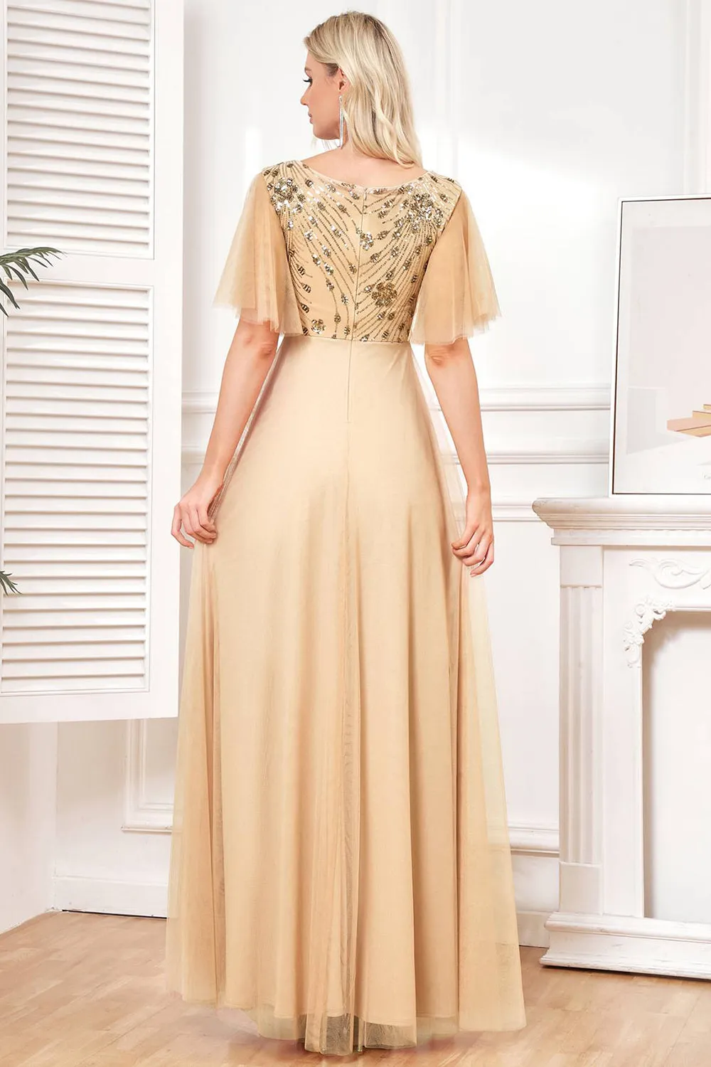 Bat Sleeves A Line Tulle Champagne Formal Dress with Sequins sold by Zapaka product image thumbnail 2