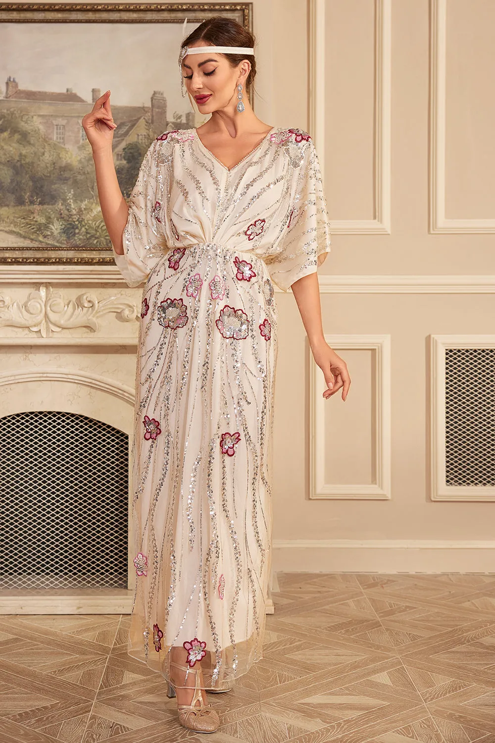 Apricot Flower Long Sequins 1920s Dress with Accessories Set sold by Zapaka product image thumbnail 5