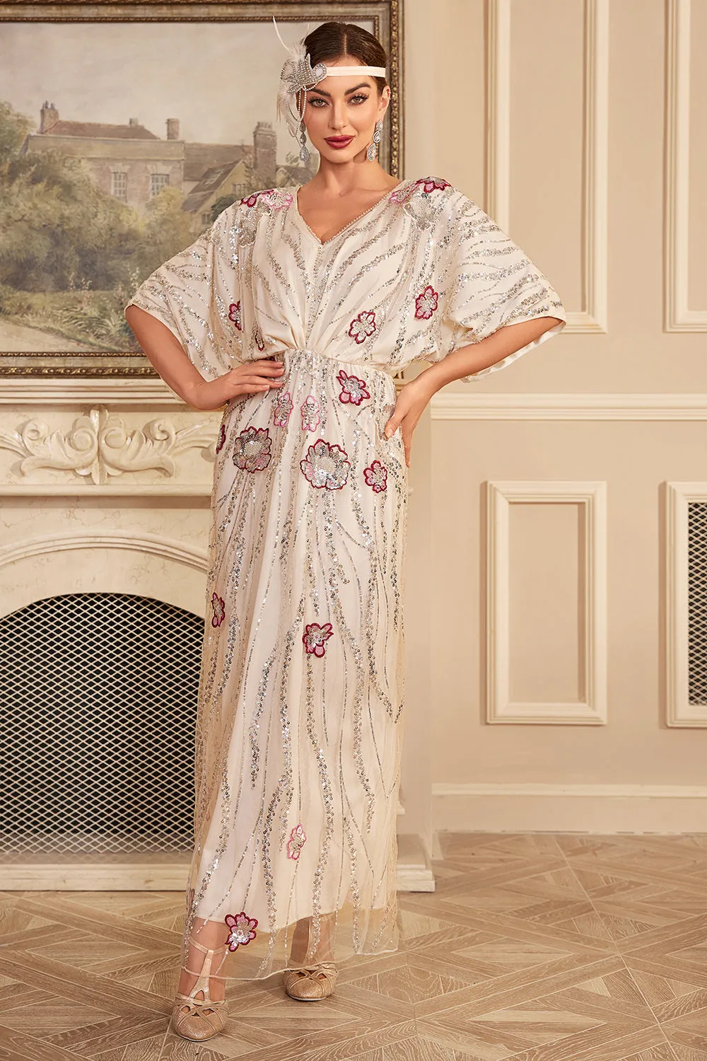 Apricot Flower Long Sequins 1920s Dress with Accessories Set sold by Zapaka product image thumbnail 3