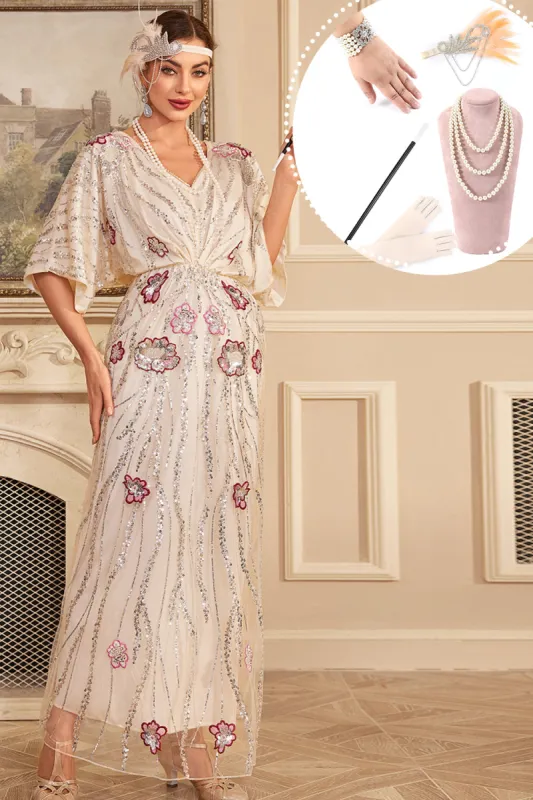 Apricot Flower Long Sequins 1920s Dress with Accessories Set sold by Zapaka