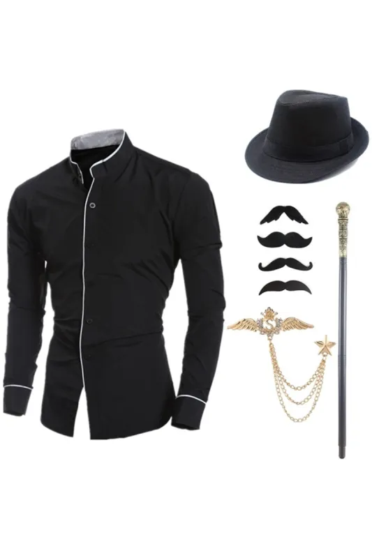Black Stand Collar Long Sleeve Men's Suit Shirt with Accessories Set sold by Zapaka