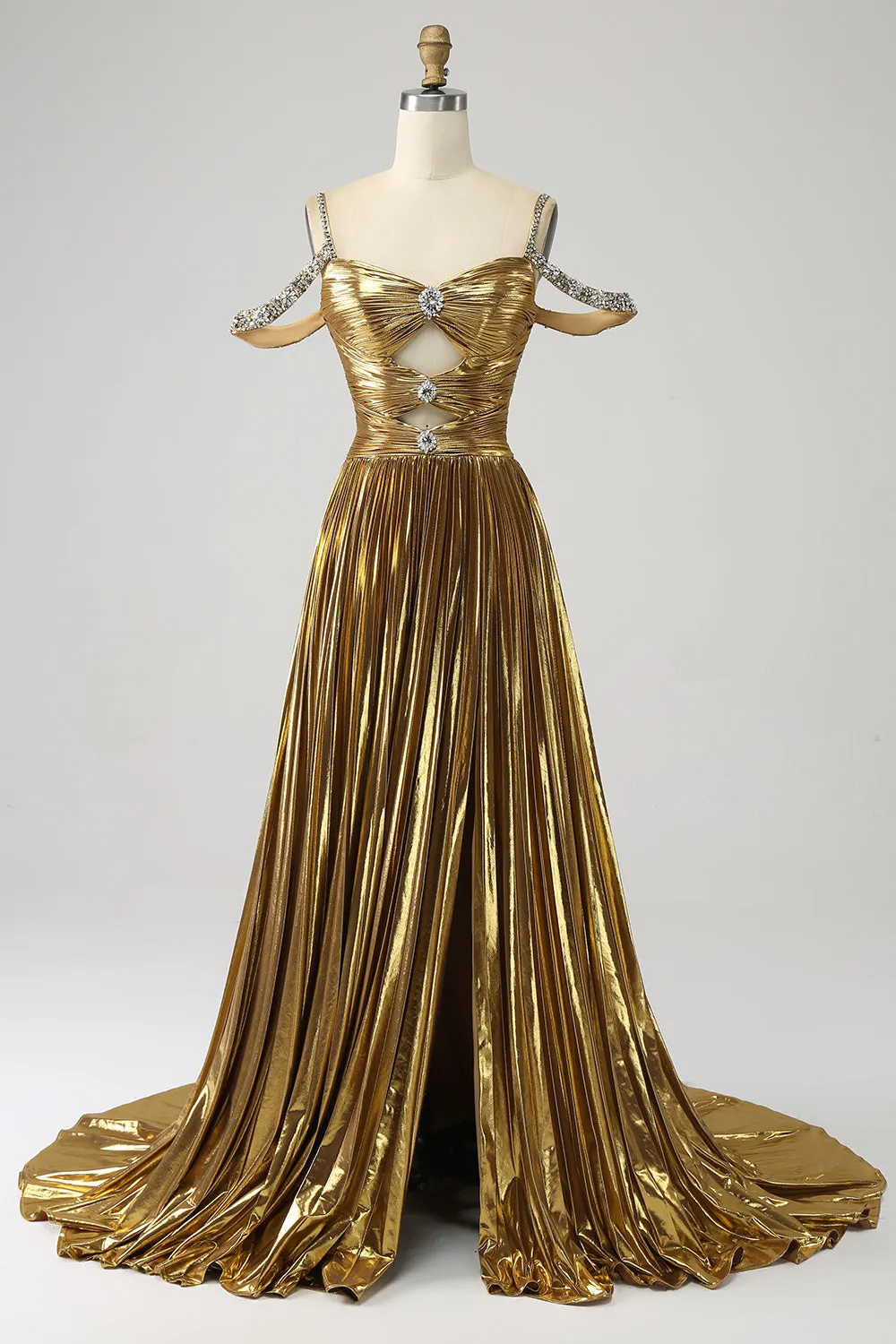 Stunning A Line Off the Shoulder Gold Long Prom Dress with Keyhole sold by Zapaka