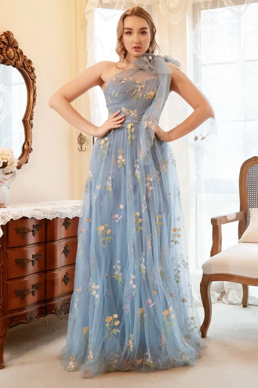 A Line One Shoulder Grey Blue Plus Size Prom Dress with Embroidery sold by Zapaka