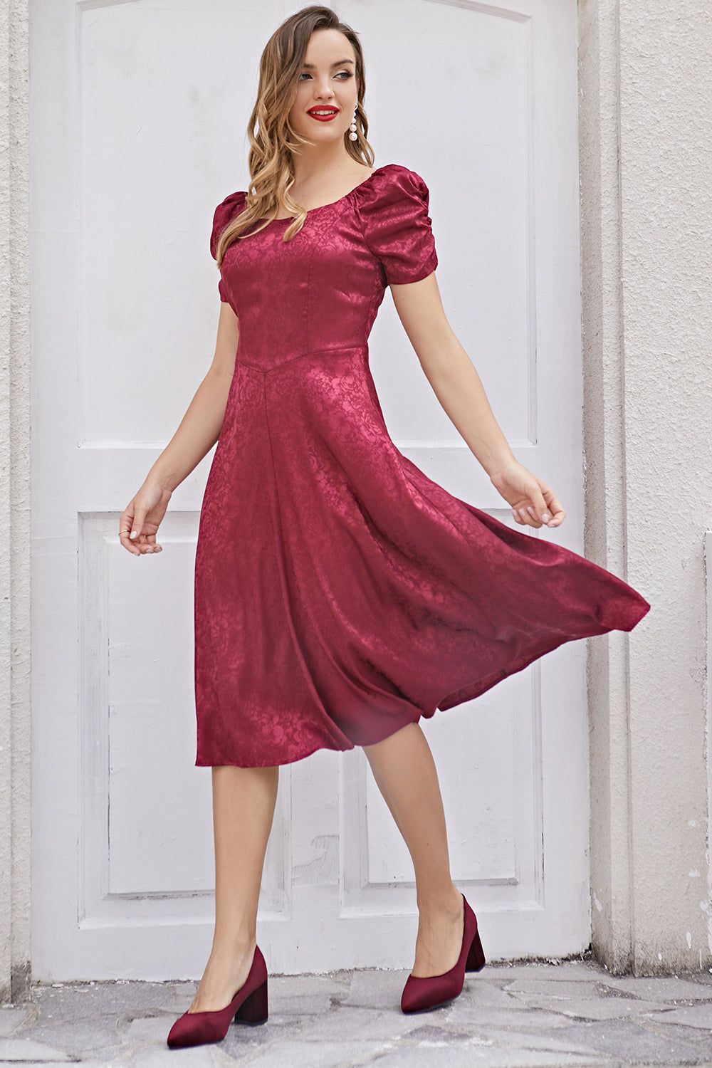Burgundy Christmas Party Dress Short Sleeve sold by Zapaka product image thumbnail 4