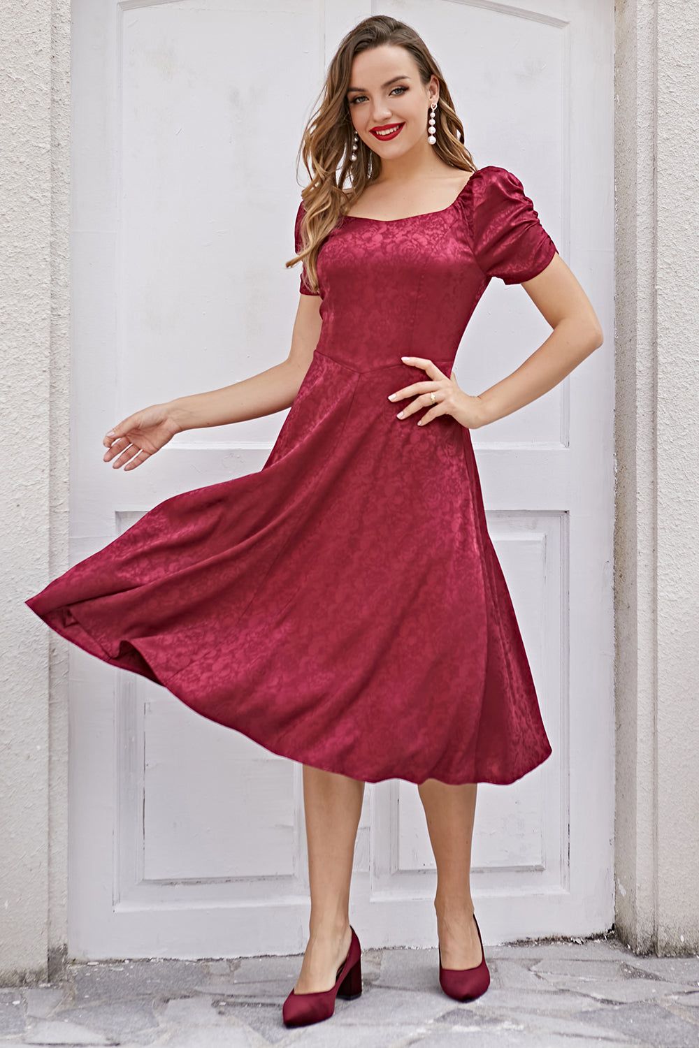Burgundy Christmas Party Dress Short Sleeve sold by Zapaka