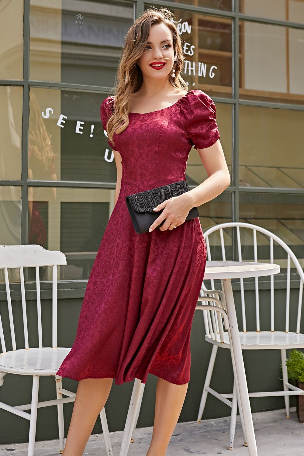 Burgundy Christmas Party Dress Short Sleeve sold by Zapaka product image thumbnail 5