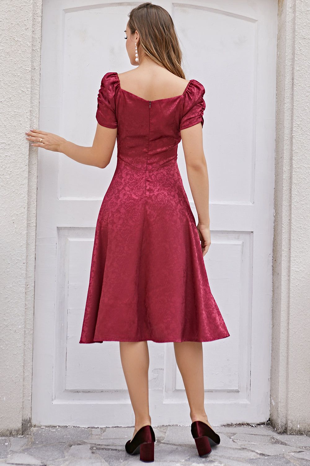 Burgundy Christmas Party Dress Short Sleeve sold by Zapaka product image thumbnail 2