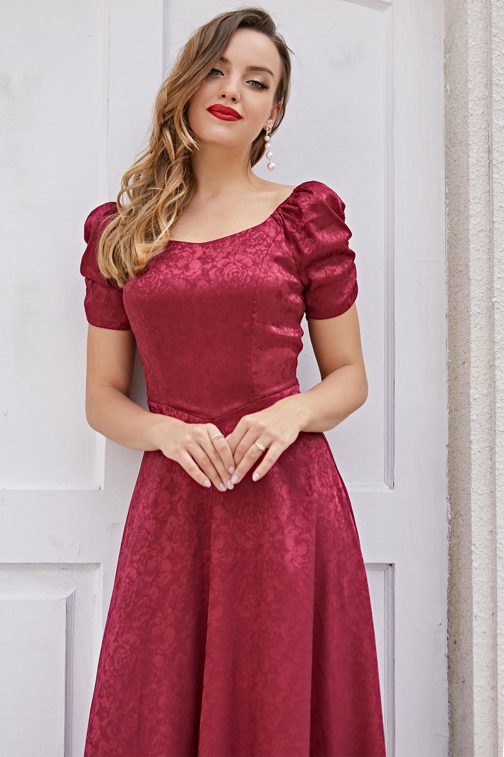 Burgundy Christmas Party Dress Short Sleeve sold by Zapaka product image thumbnail 3