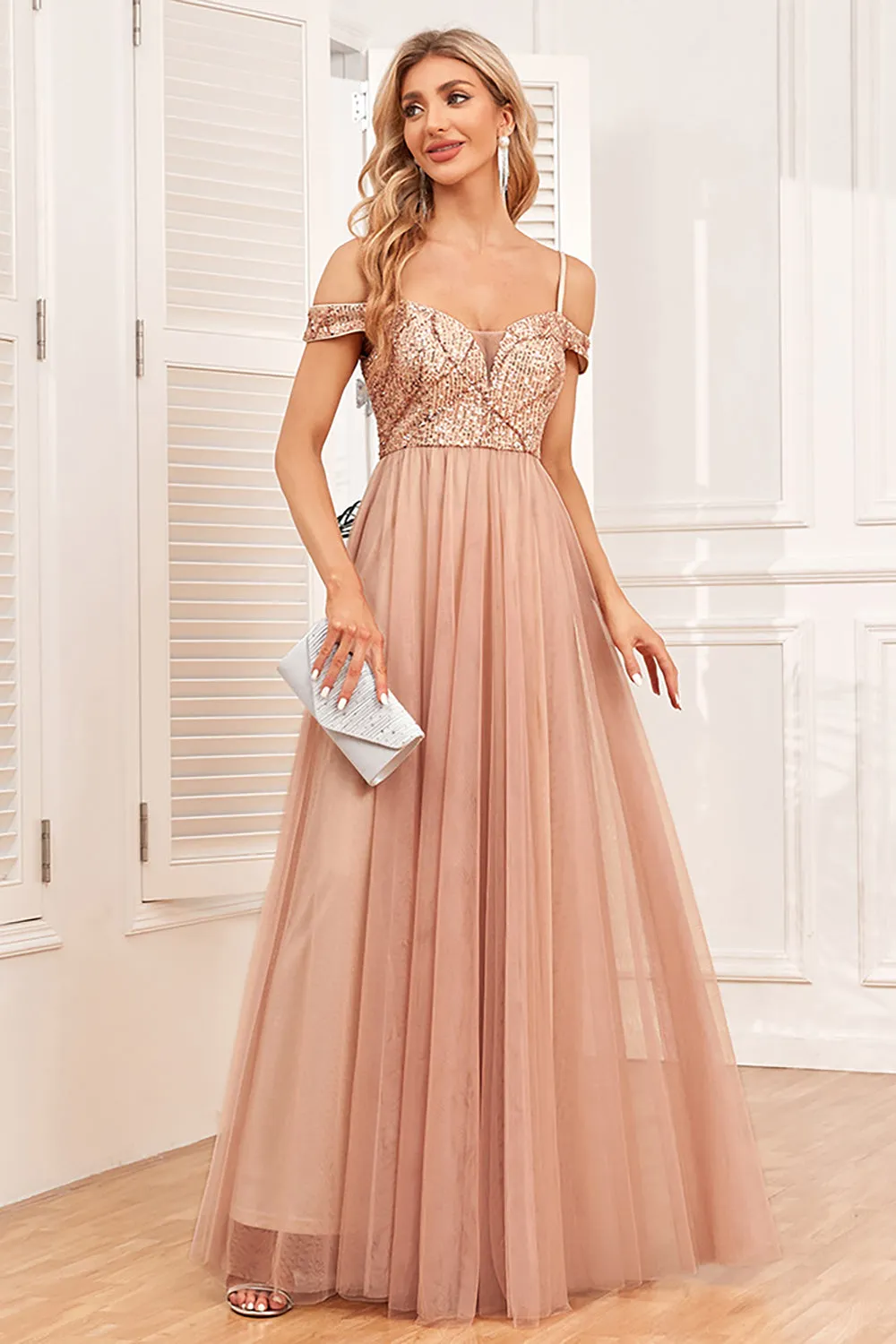 Champagne A-Line Tulle Long Prom Dress with Sequins sold by Zapaka product image thumbnail 4