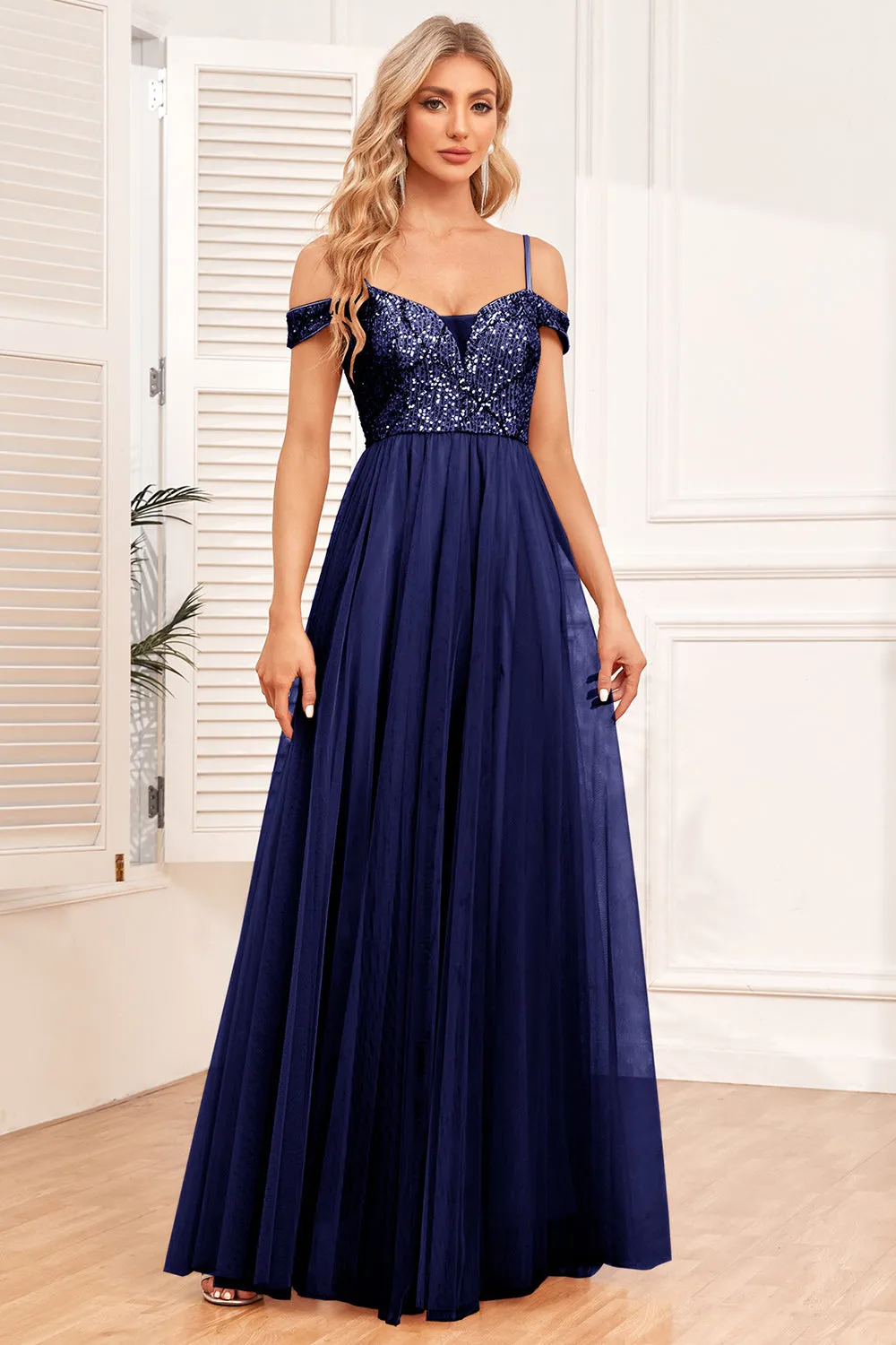 Champagne A-Line Tulle Long Prom Dress with Sequins sold by Zapaka product image thumbnail 5