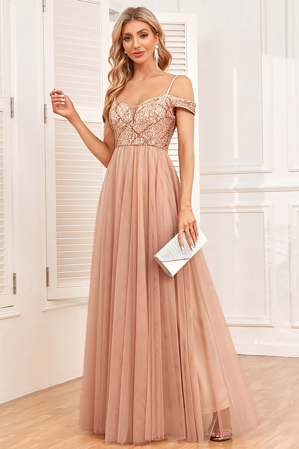 Champagne A-Line Tulle Long Prom Dress with Sequins sold by Zapaka product image thumbnail 3
