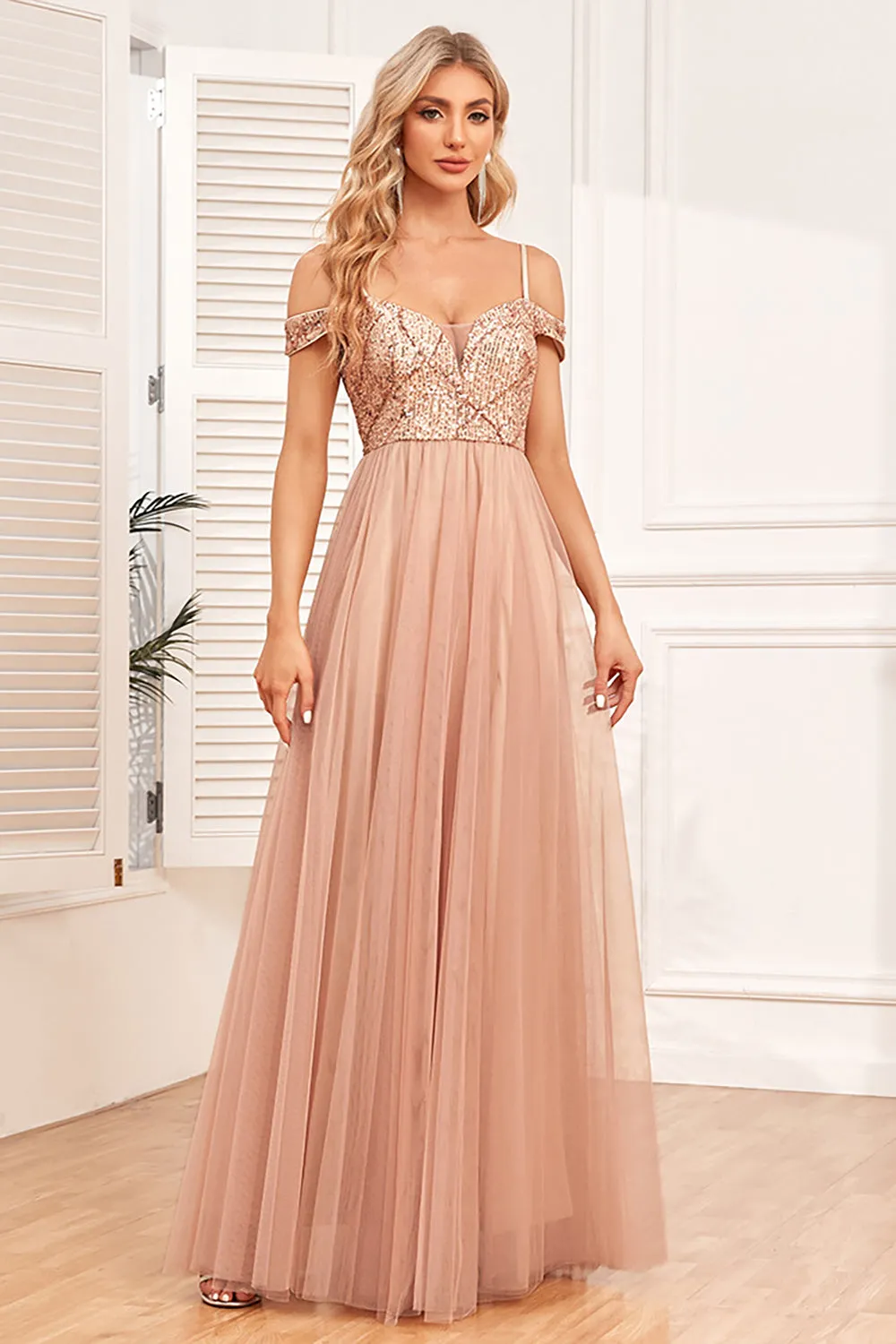 Champagne A-Line Tulle Long Prom Dress with Sequins sold by Zapaka