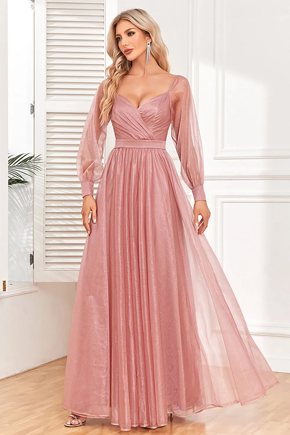 Dusty Rose A-Line Long Sleeves Prom Dress sold by Zapaka