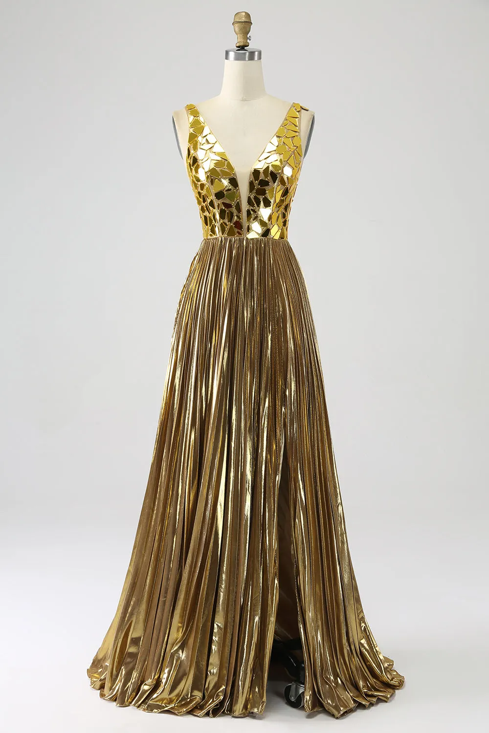 Sparkly A Line Deep V-Neck Golden Long Metallic Prom Dress with Split Front sold by Zapaka