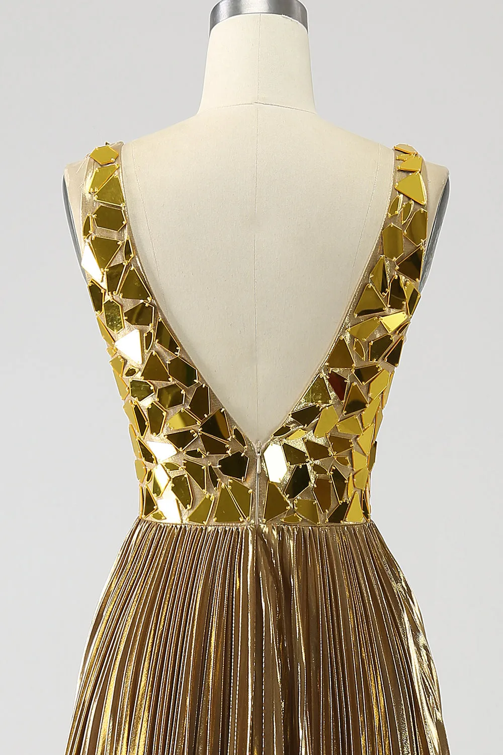 Sparkly A Line Deep V-Neck Golden Long Metallic Prom Dress with Split Front sold by Zapaka product image thumbnail 4
