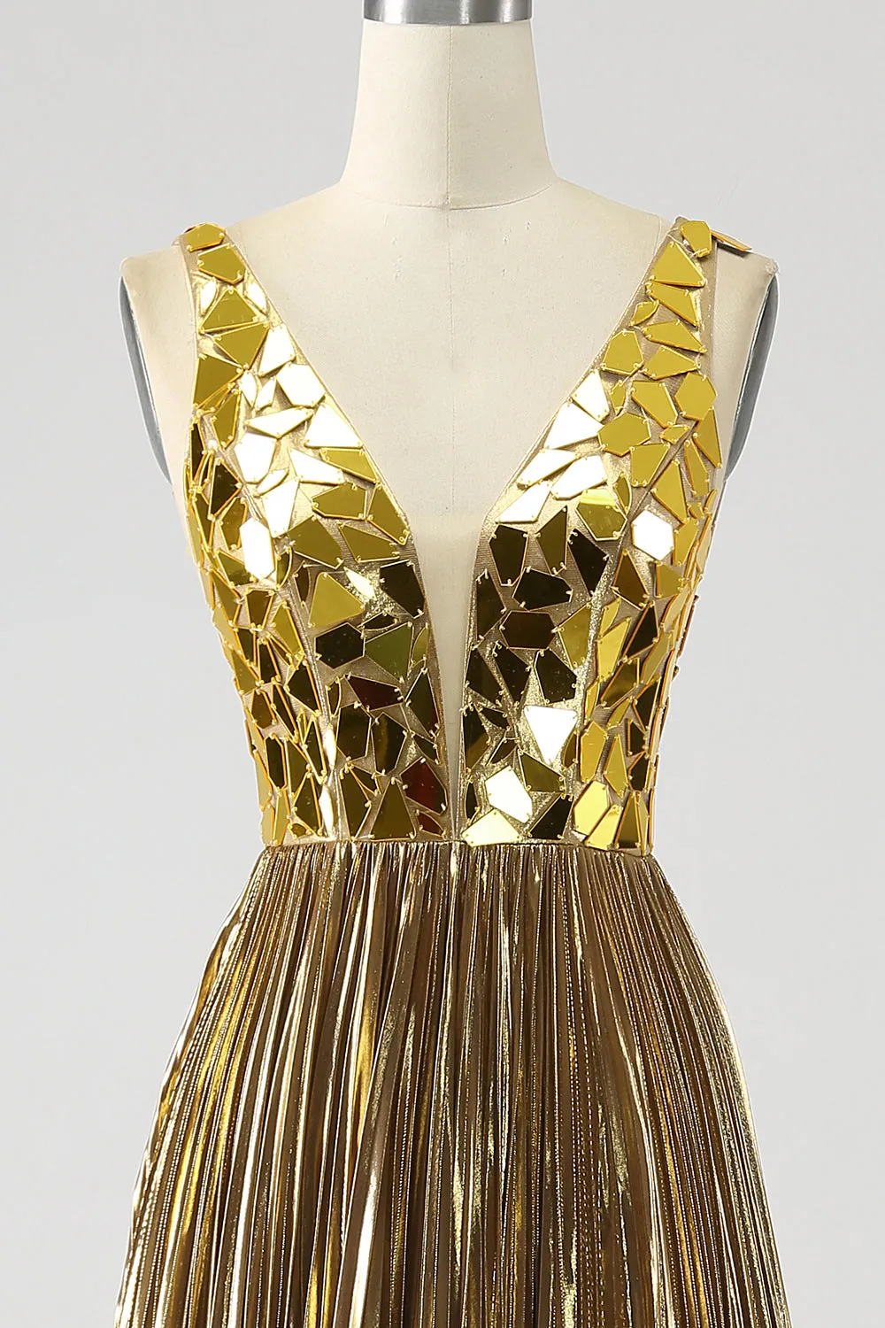 Sparkly A Line Deep V-Neck Golden Long Metallic Prom Dress with Split Front sold by Zapaka product image thumbnail 3